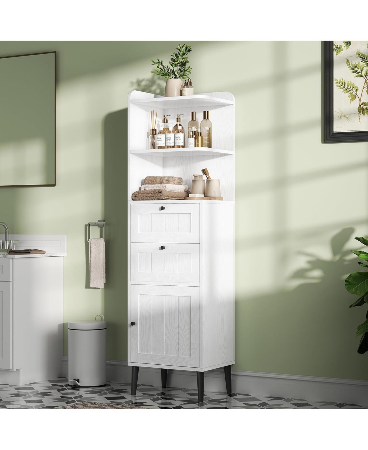 White Bathroom Storage Cabinet with 2 Drawers, 2 Shelves, and 1 Door