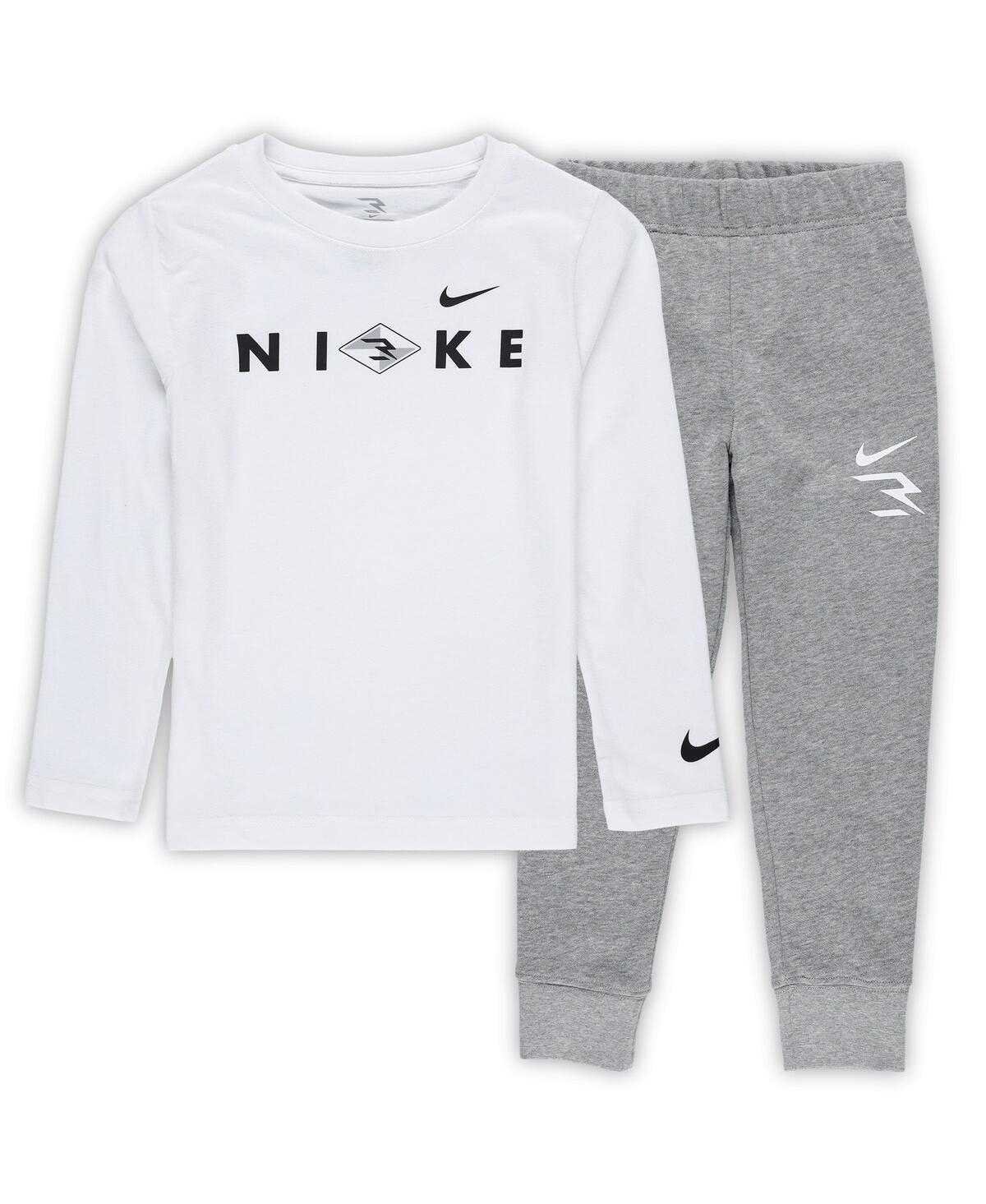 Nike 3brand By Russell Wilson Preschool 2-piece White/gray Wordmark 2. 0 Fleece Long Sleeve T-shirt And Sweatpants Set In White,gray