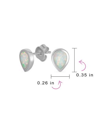 Tiny Simple Iridescence Bezel Created White Opal Teardrop Stud Earrings .925 Sterling Silver