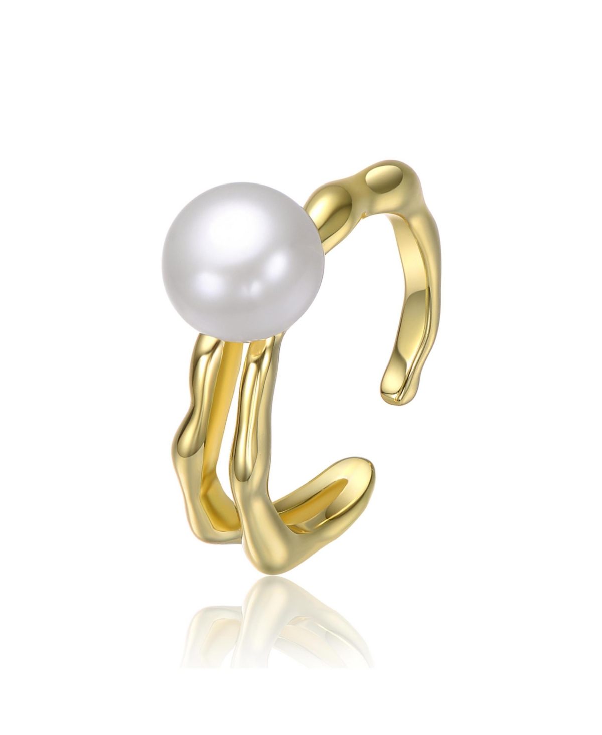 14K Gold Plated with Curved Design and Pearl Accent Open-Style Ring - Gold