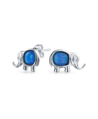 Lucky Dainty Created White Blue Opal Zoo Animal Lover Good Luck Elephant Dangle Stud Earrings .925 Sterling Silver Lever Back