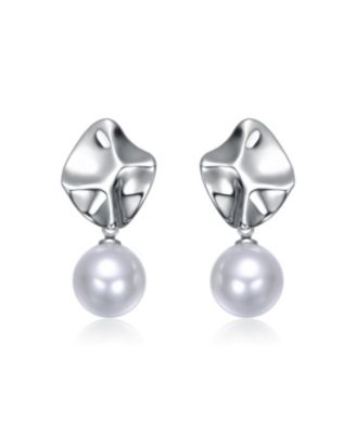 White Gold Plated with Round Pearl Modern Abstract Drop Earrings