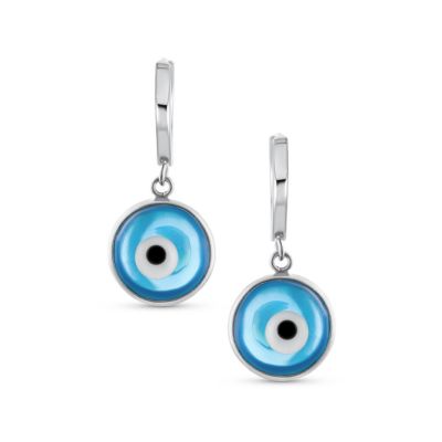 Spiritual Protection Round Nazar Evil Eye Drop Huggie Mini Hoop Earrings Endless Murano Glass Plated .925 Sterling
