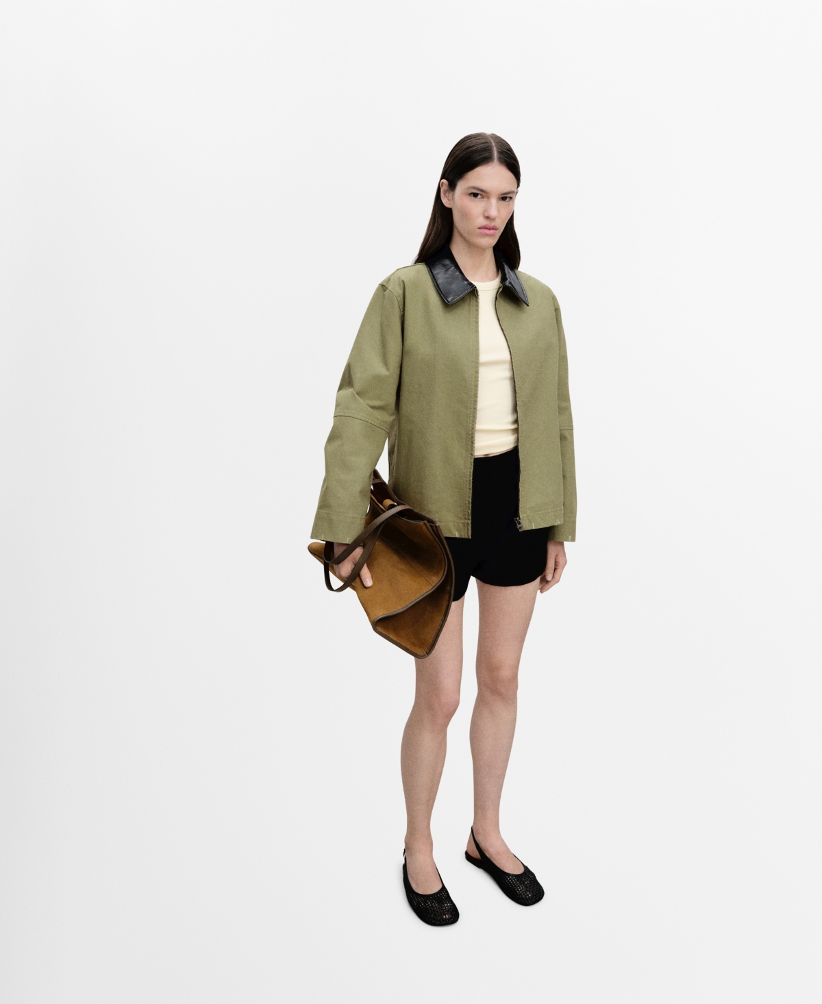 Mango Contrast Collar Cotton Jacket Khaki In Khaki