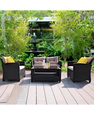 4PCS Outdoor Rattan Furniture Set Cushioned Patio Sofa Set