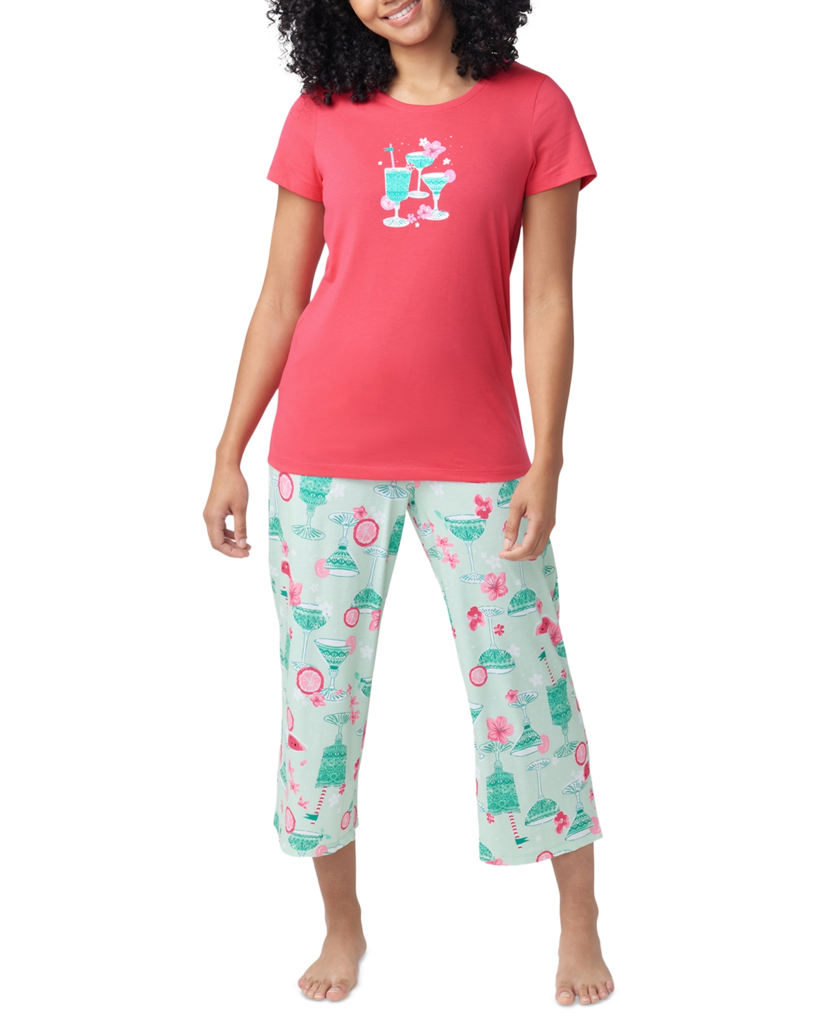 Women's Printed Short-Sleeve Capri Pajama Set - Raspberry
