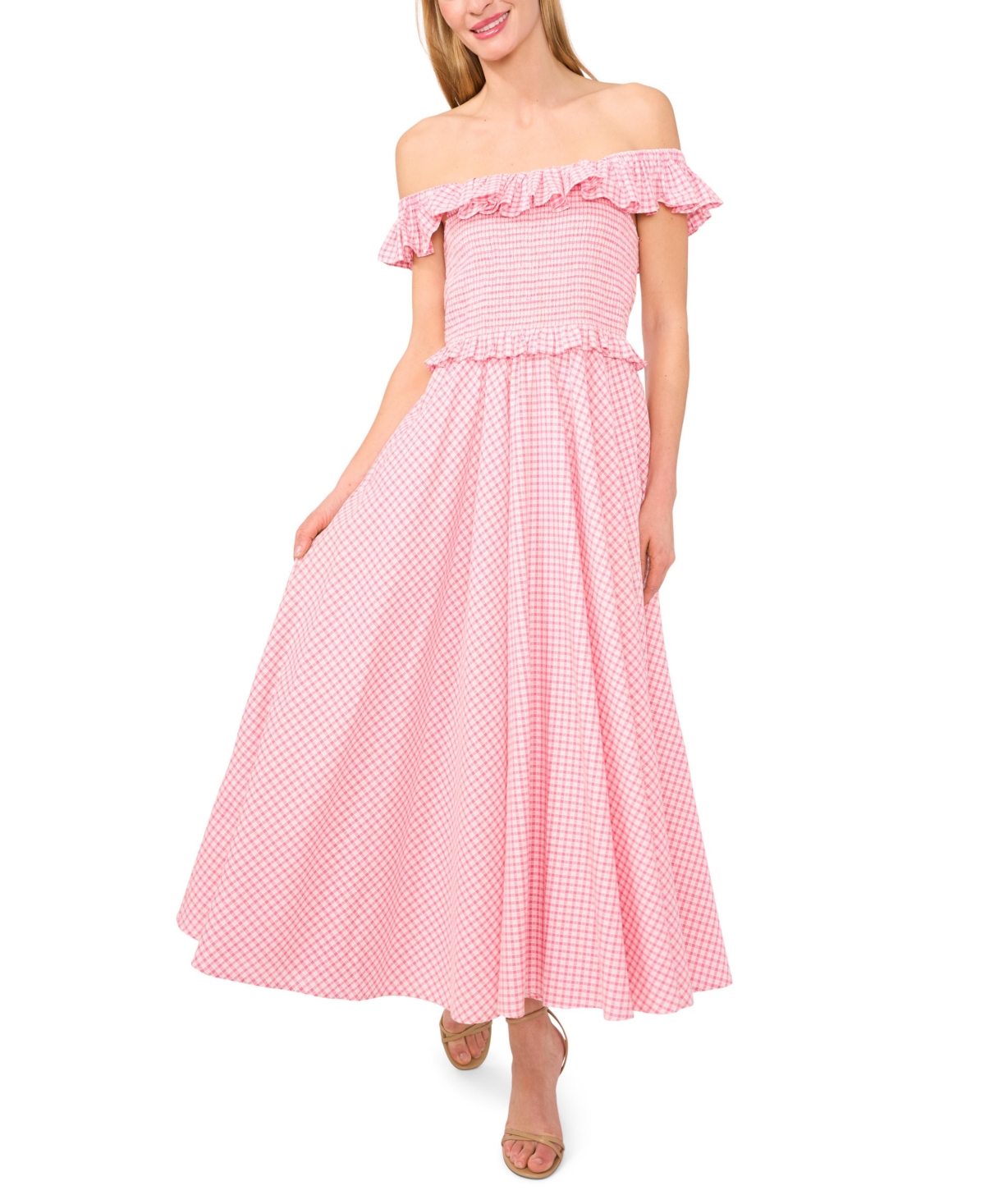 Women's Off-the-Shoulder Gingham Maxi Dress - Confetti Pink