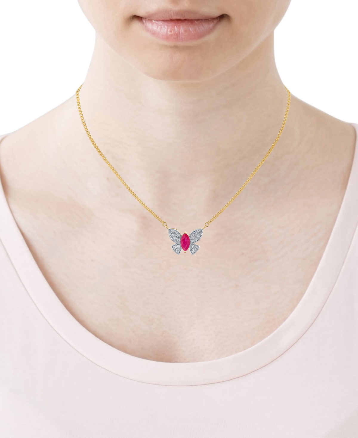 MACY'S RUBY (1/2 CT. T.W.) & DIAMOND (1/5 CT. T.W.) BUTTERFLY 18" PENDANT NECKLACE IN 14K YELLOW GOLD 