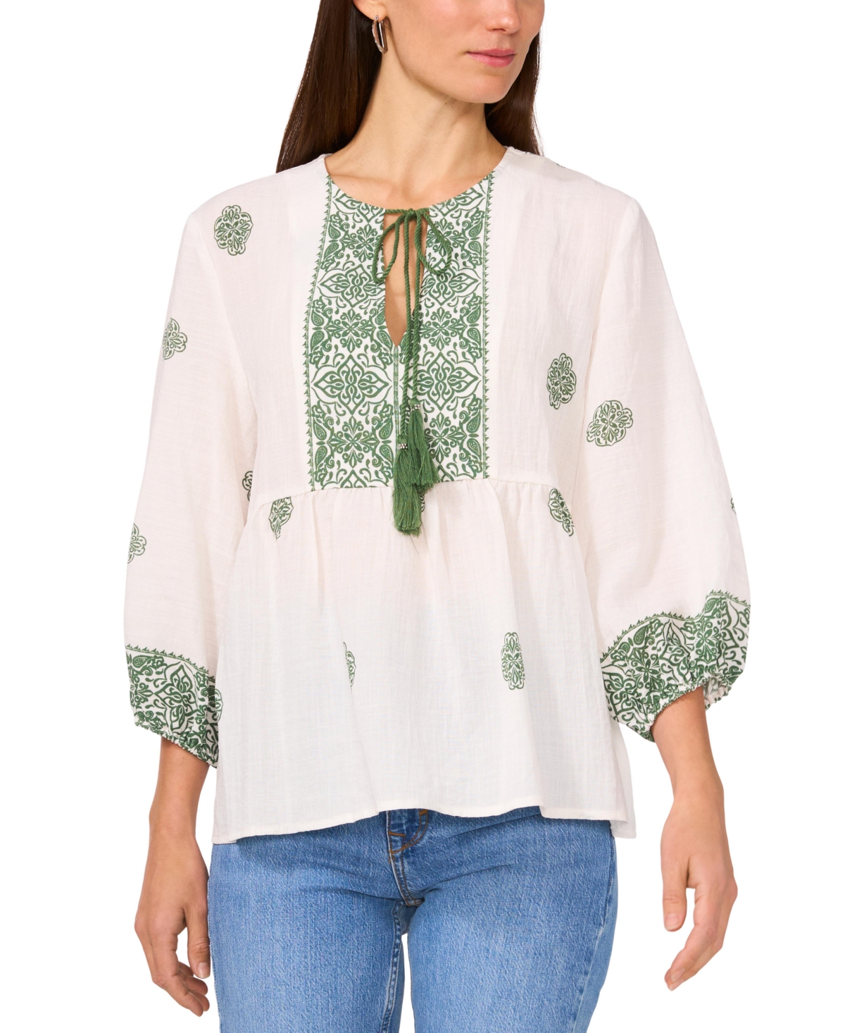 Women's Tie-Neck 3/4-Sleeve Top - Dark Green