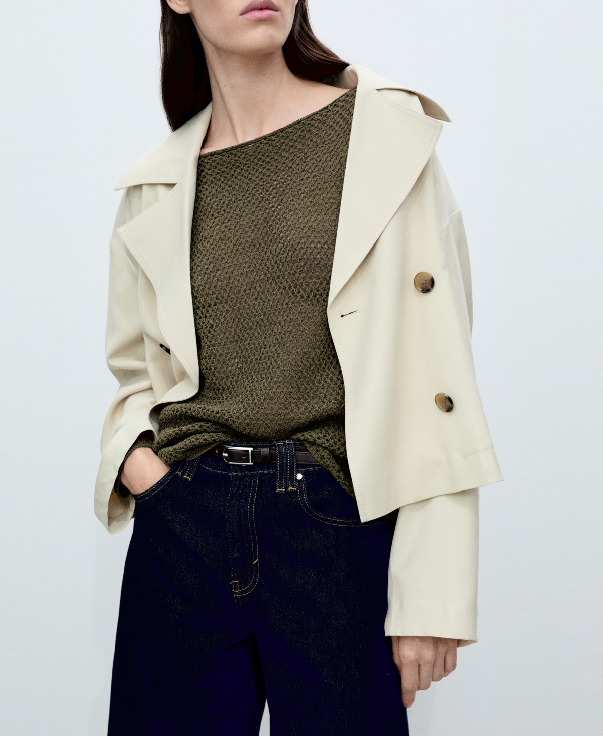 Mango Openwork Knit Boat Neck Sweater Khaki In Khaki