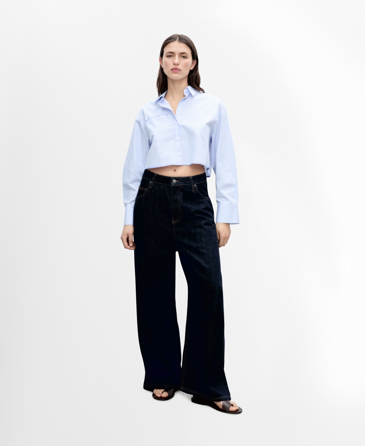 Mango Stripe Long Sleeve Crop Poplin Button-up Shirt In Blue