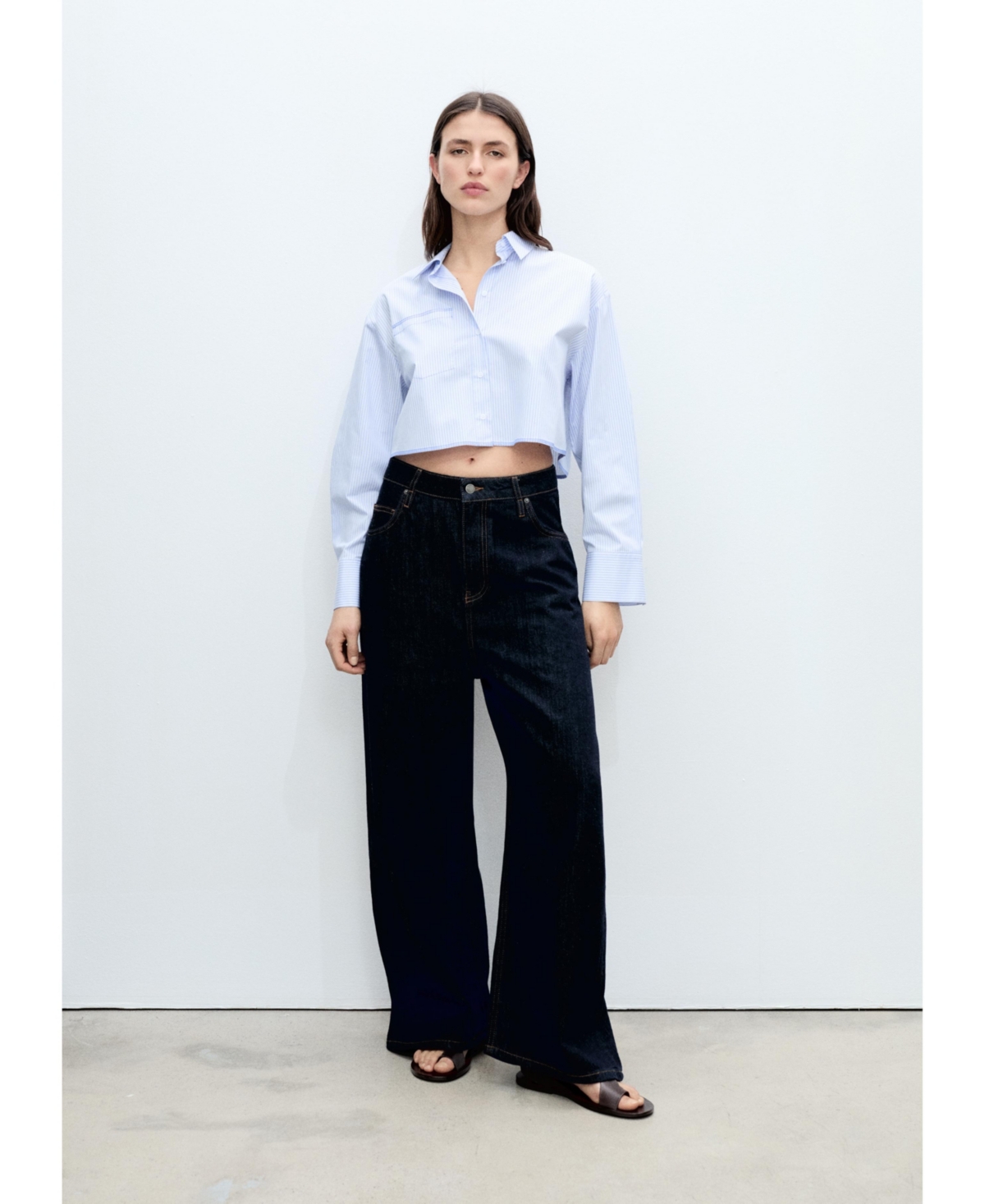 Mango Stripe Long Sleeve Crop Poplin Button-up Shirt In Blue