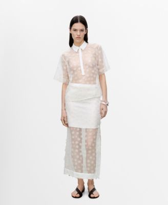 MANGO - Women's Floral Embroidered Semi-Transparent Shirt