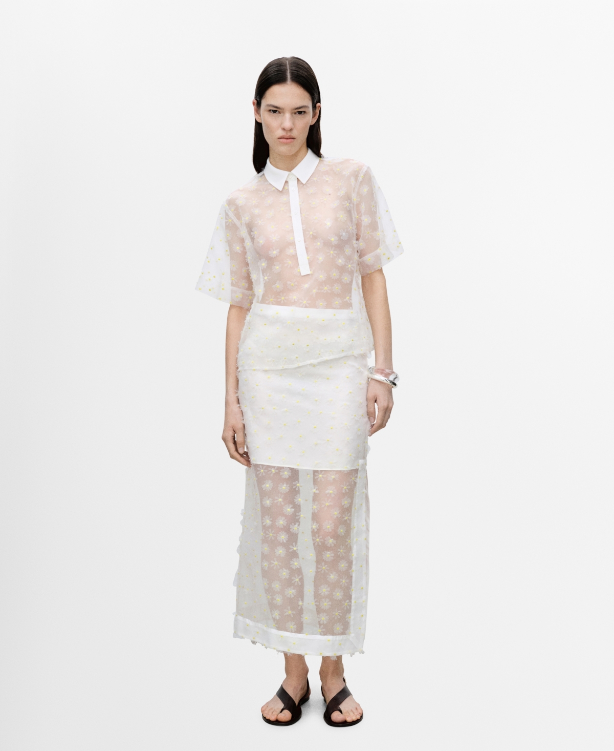 Mango Semi-transparent Shirt Embroidered With Flowers Off White In Off White