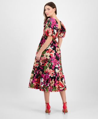 Anne Klein Women's Smocked Puff-Sleeve Floral Midi Dress - Macy's