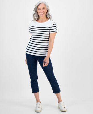 Petite Cotton Button-Shoulder Tee, Exclusively at Macy's