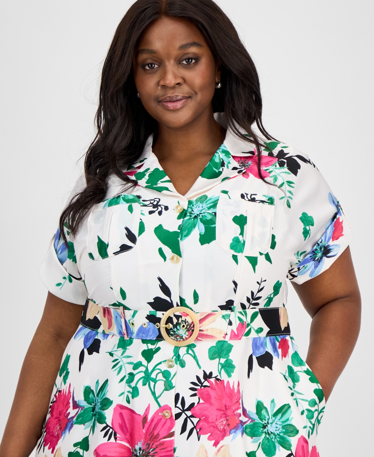 Tahari Asl Plus Size Printed Belted Midi Shirtdress