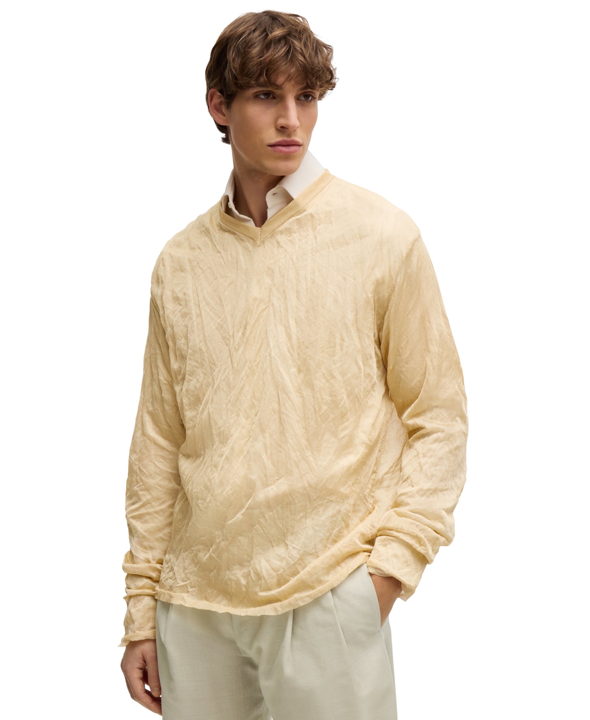 Boss by Hugo Boss Men's Crinkled Knit V-Neck Sweater - Open Beige