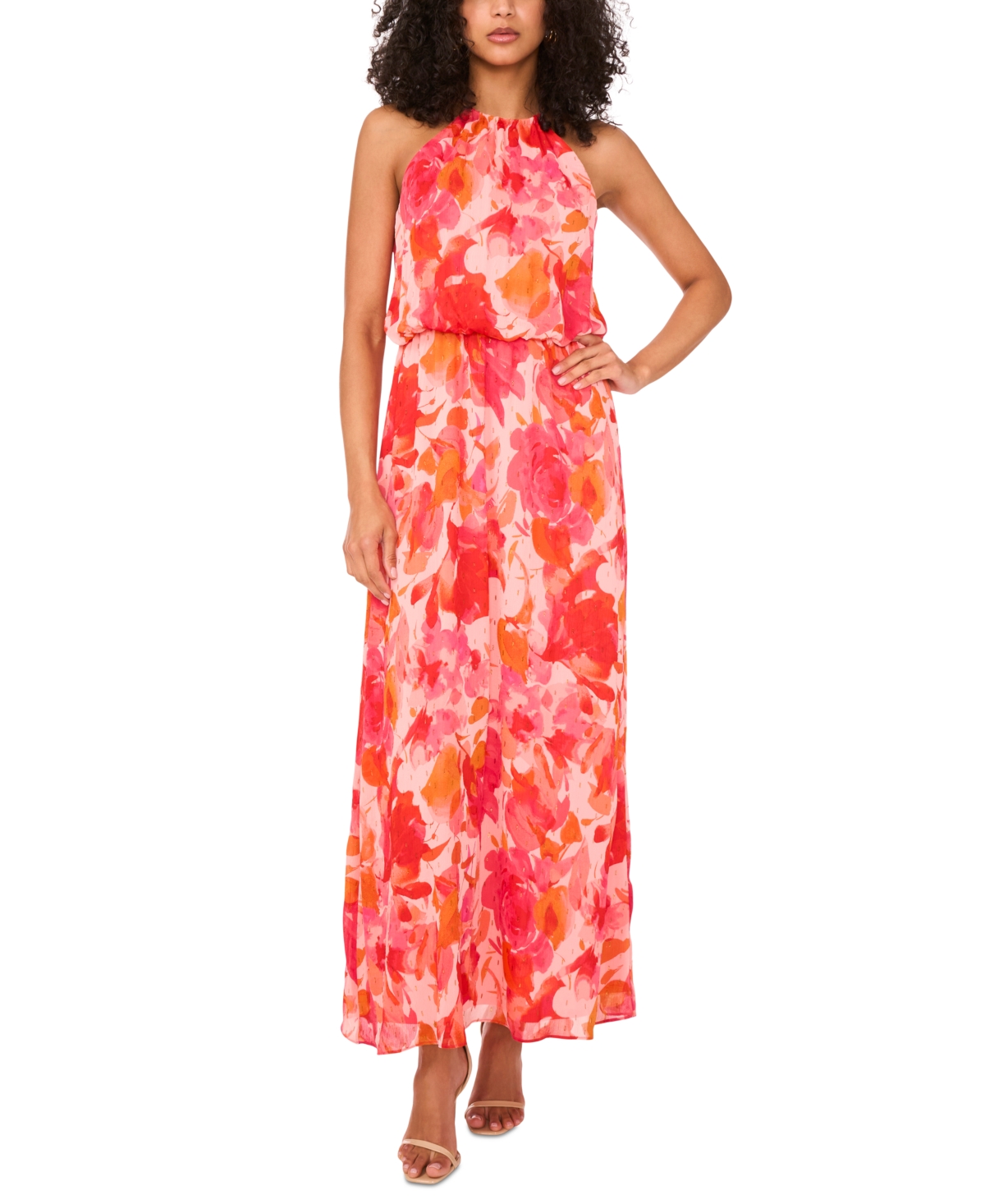 Women's Printed Chiffon Blouson Maxi Dress - Blush/Orange/Must