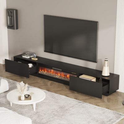 46 Inch black Crystal Electric Fireplace with Black TV Stand, 12 Color Flame, 5 Brightness Levels