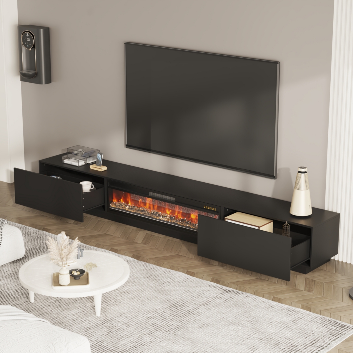 Tv stand with three compartments and three draws, wooden media consoles in white and wood colours, multi-purpose entertainment center
