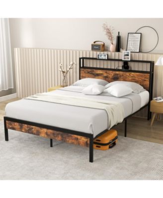 Full Bed Frame with Storage Headboard and Charging Station-Full Size