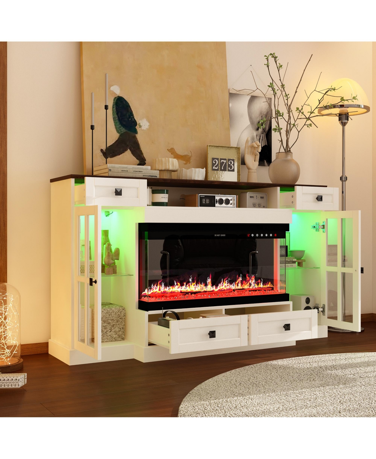 30" electric fireplace, recessed fireplace, 1500W, white Tv stand with four drawers