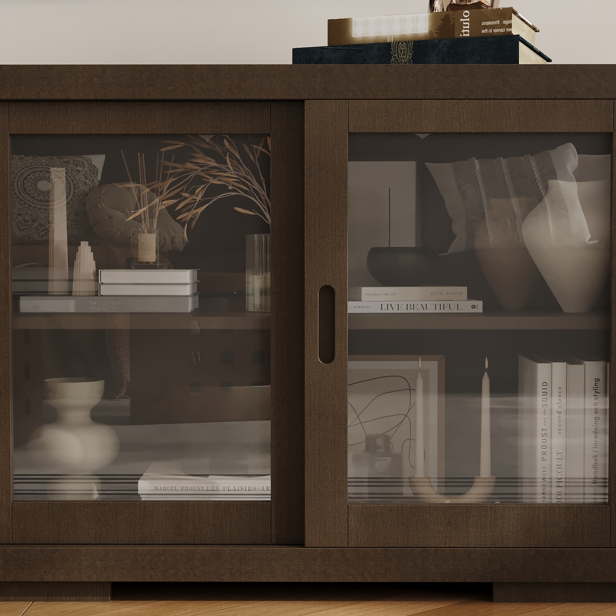 Solid Wood Tv Stand with 4 Sliding Tempered Glass Doors,Media Console