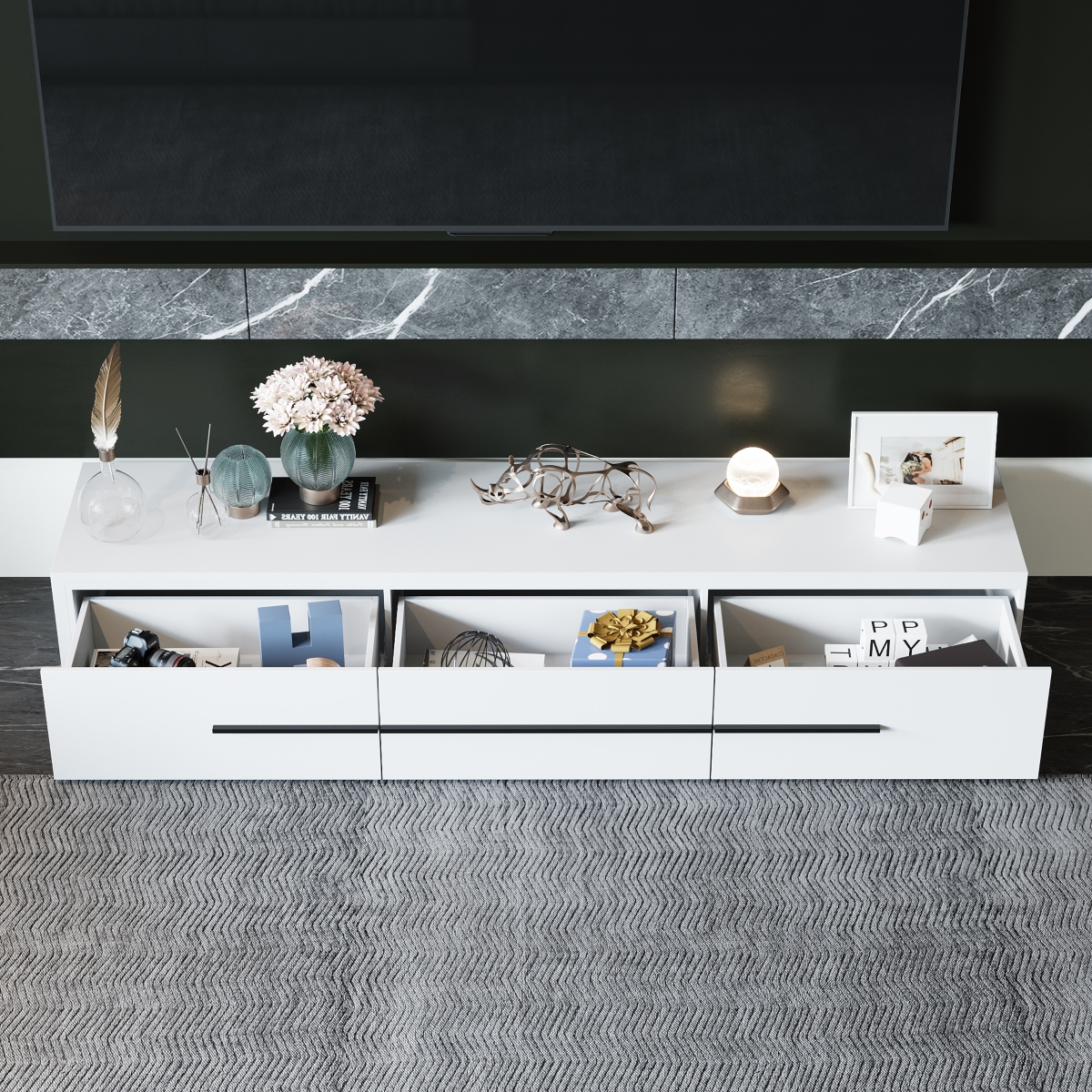 Solid Wood Tv Stand with 4 Sliding Tempered Glass Doors,Media Console