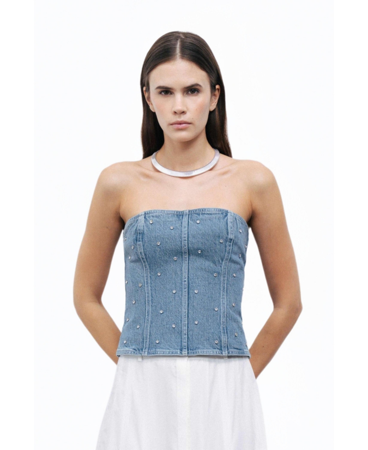 Women's Stoned Strapless Denim Crop Top - Indigo blue