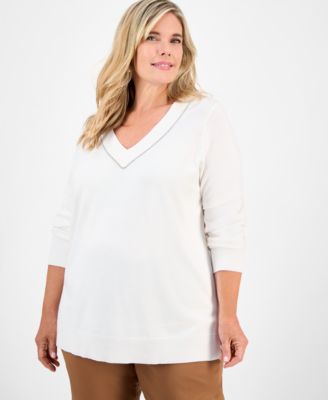 Plus Size Embellished V-Neck Sweater, Macy's Exclusive