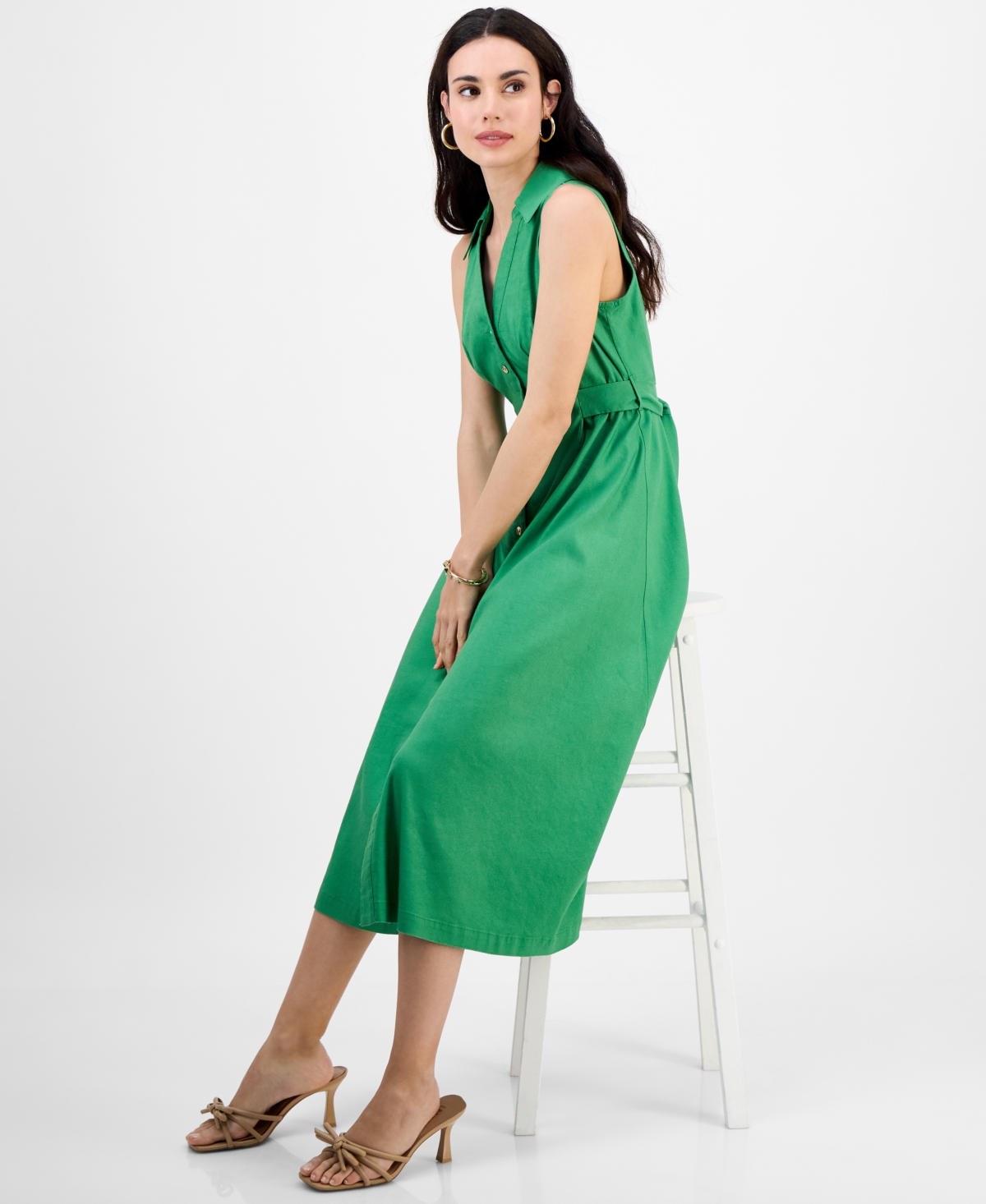 Inc International Concepts Petite Belted Linen-blend Sleeveless Shirtdress, Created For Macy's