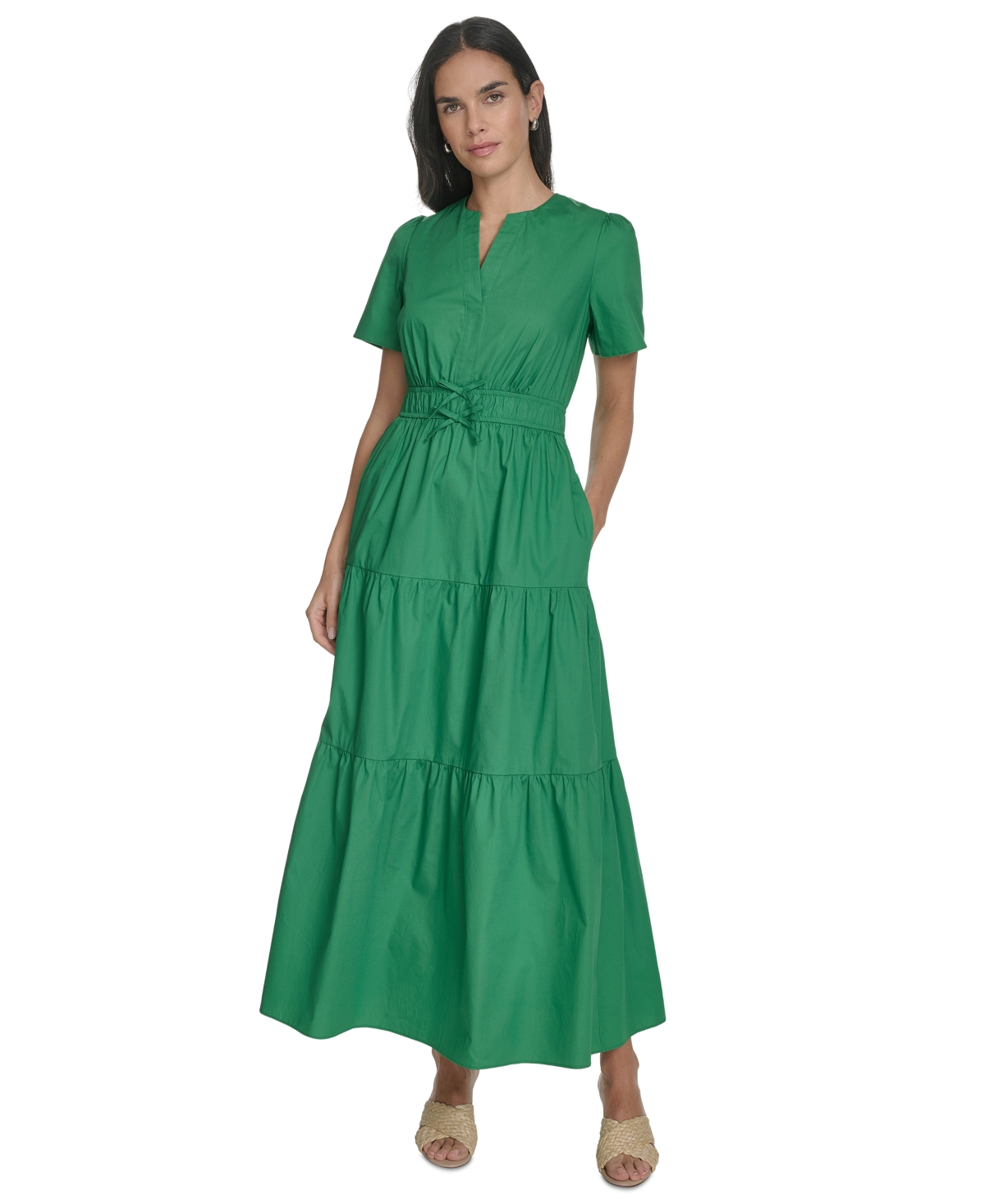 Women's Cotton Tiered Split-Neck Maxi Dress - Green