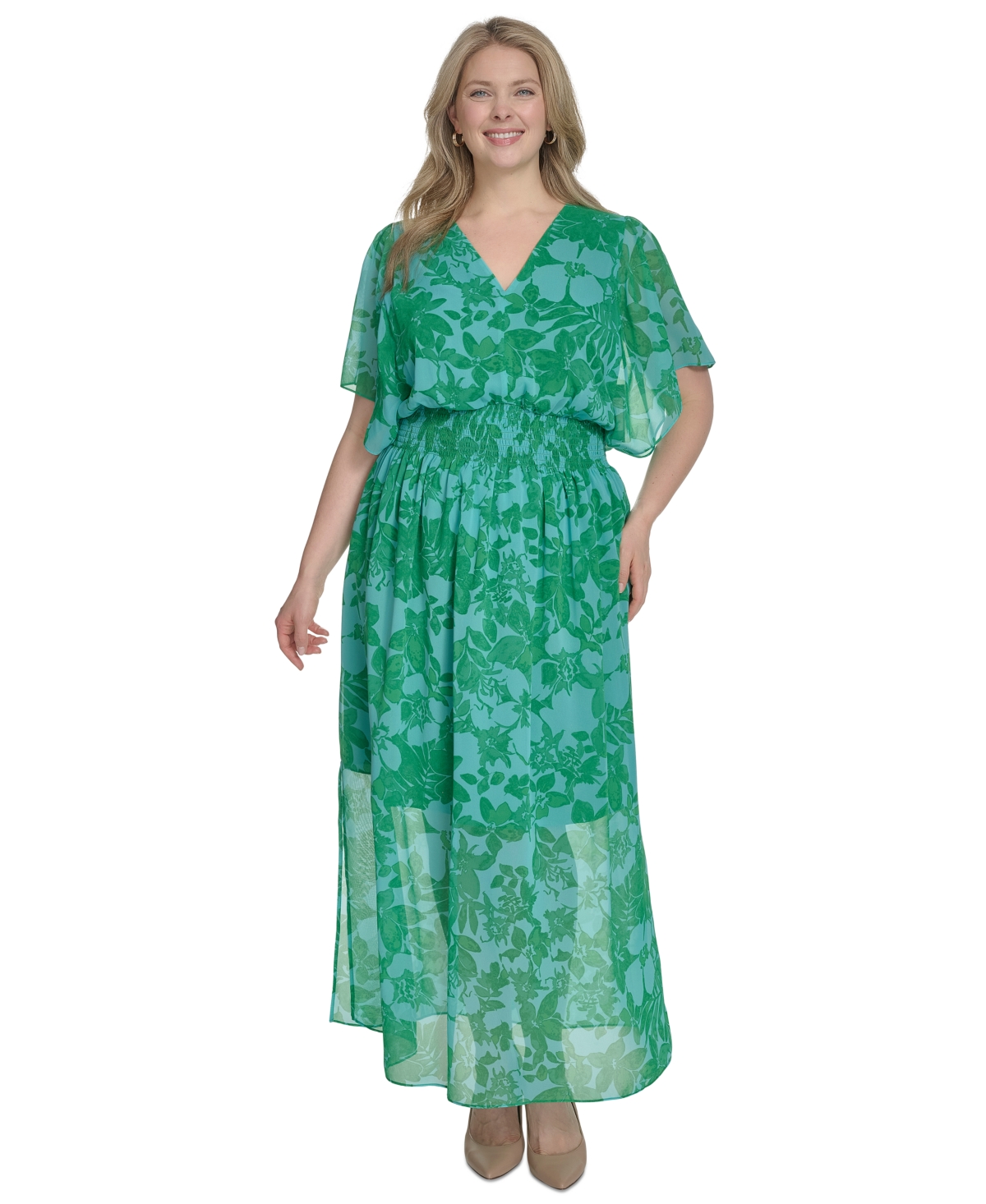 Plus Size Printed Chiffon Flutter-Sleeve Maxi Dress - Green