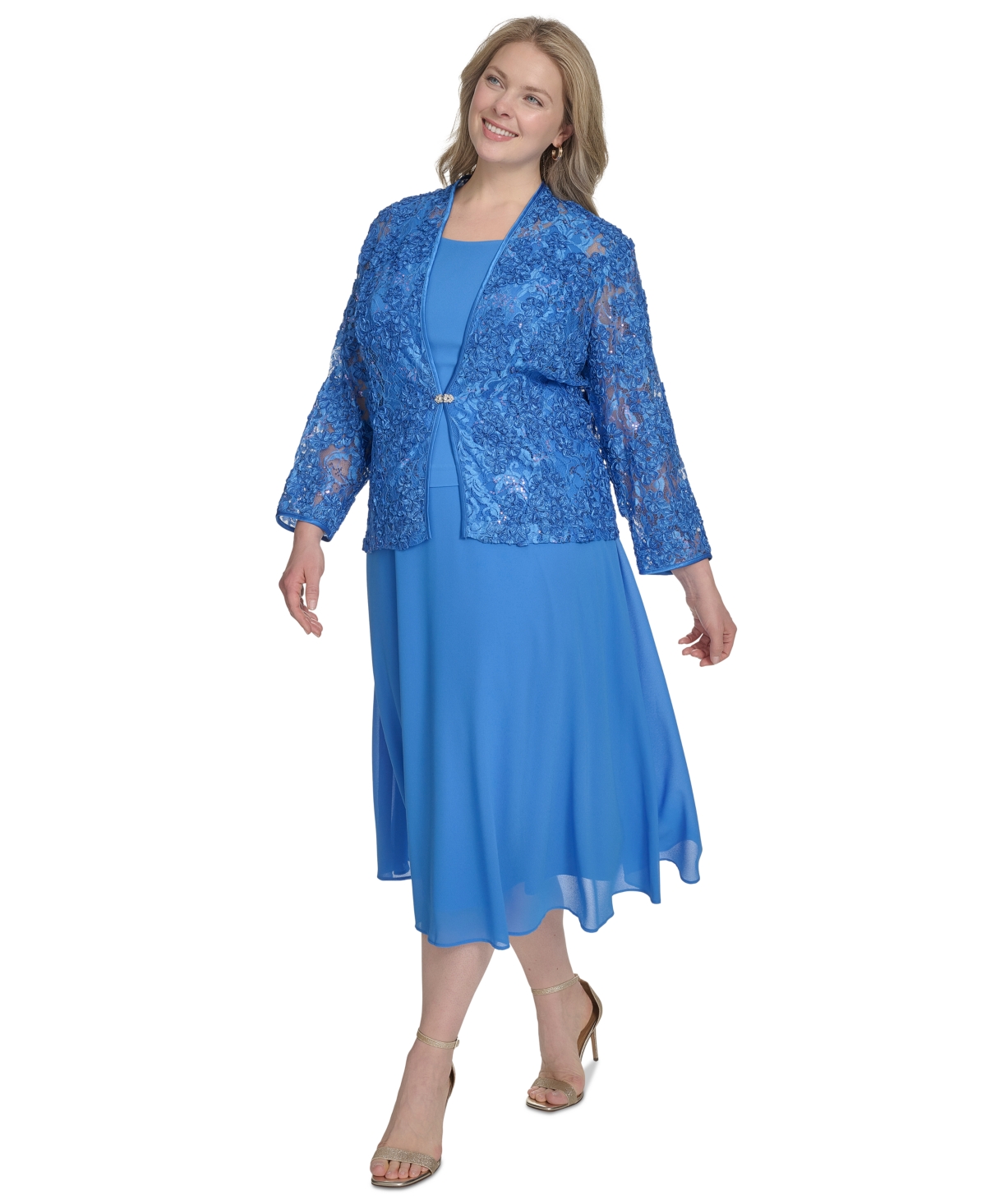 Jessica Howard Women's 2.pc Jewel-neck Midi Dress & Lace 3/4-sleeve Jacket In Blue