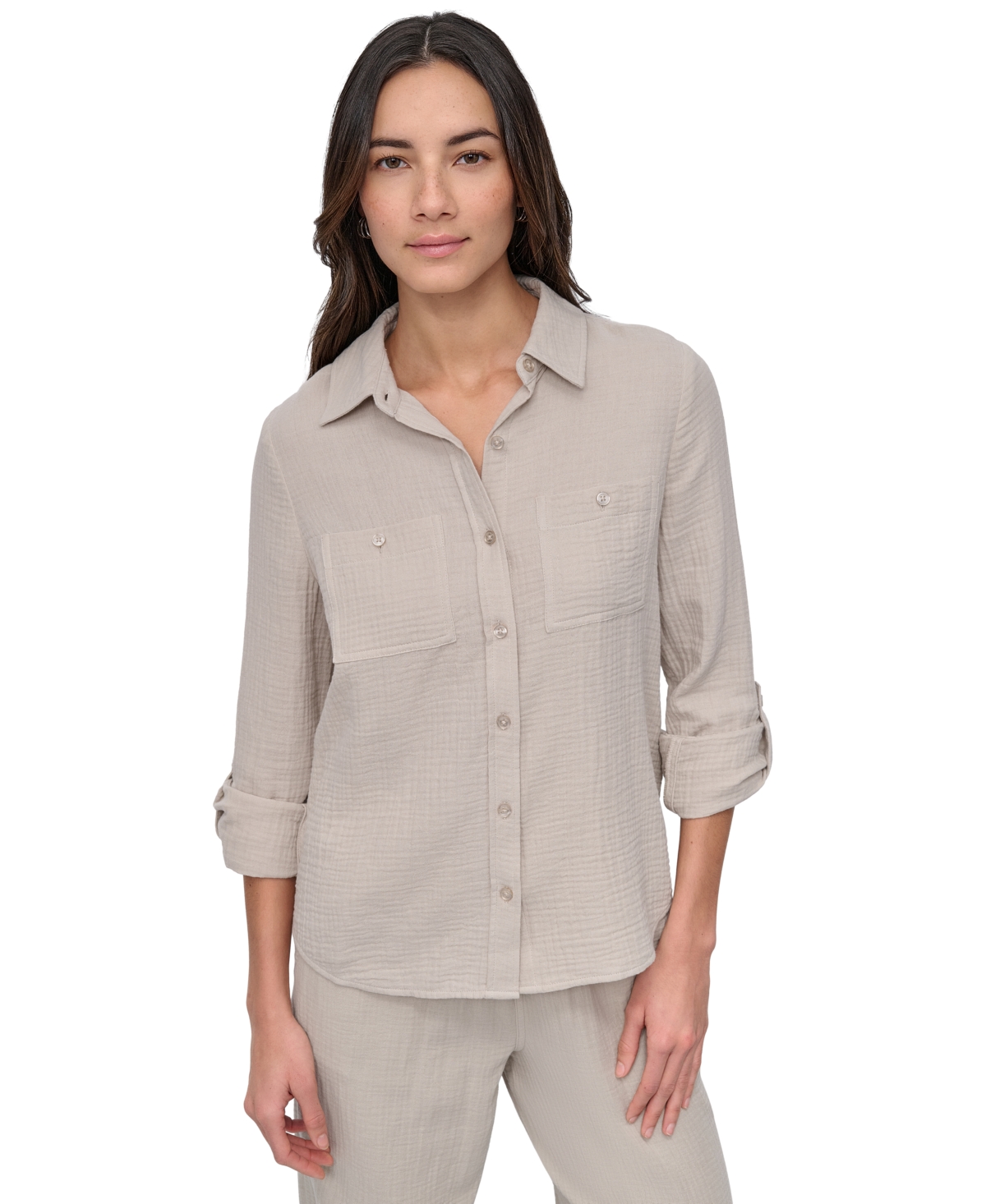 Dkny Jeans Petite Cotton Roll-tab Shirt In Pebble