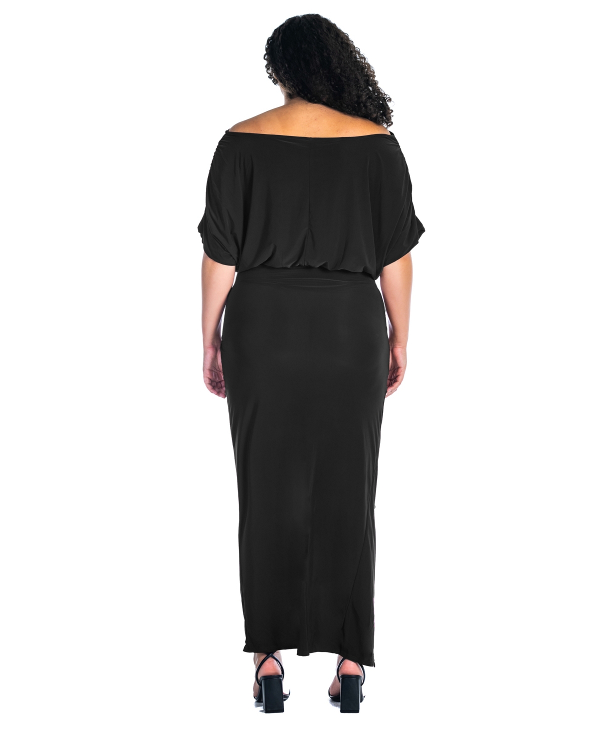 24seven Comfort Apparel Plus Size Boat Neck Batwing Sleeve Slit Maxi Dress In Black