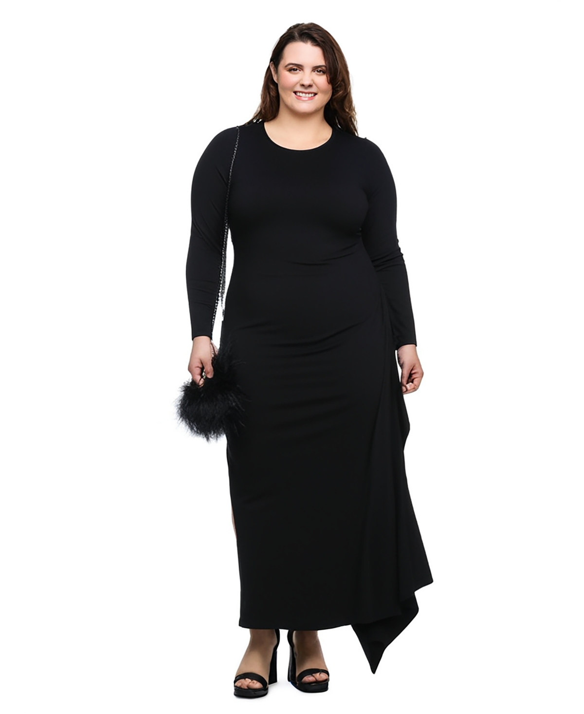 24seven Comfort Apparel Plus Size Long Sleeve Side Slit Fitted Maxi Dress In Black