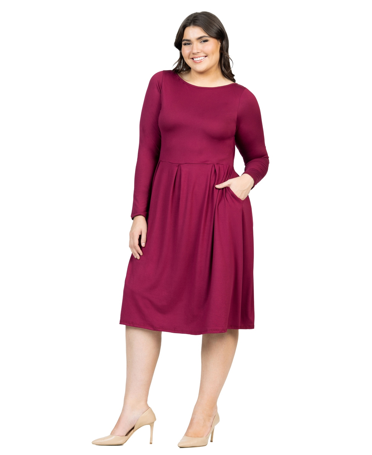 24seven Comfort Apparel Plus Size Long Sleeve Fit And Flare Midi Dress In Wine