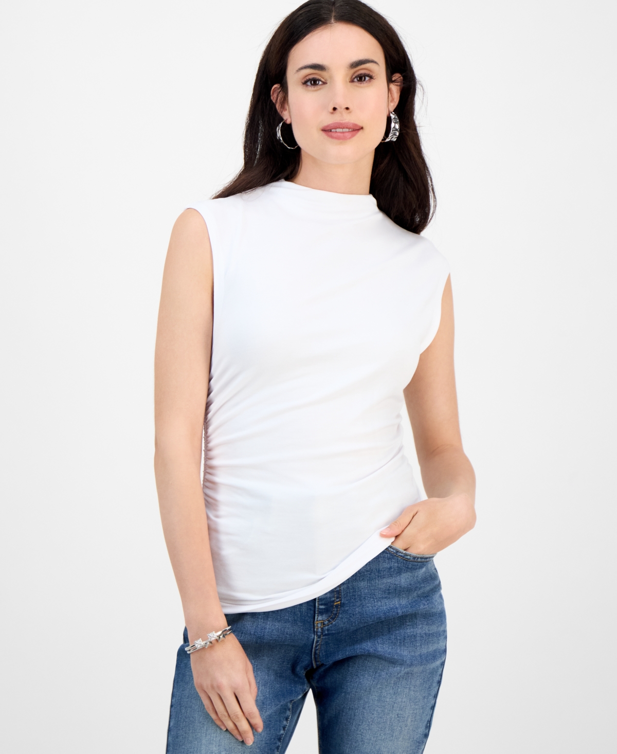 Inc International Concepts Petite High-neck Side-ruched Top, Exclusively At Macy's In White