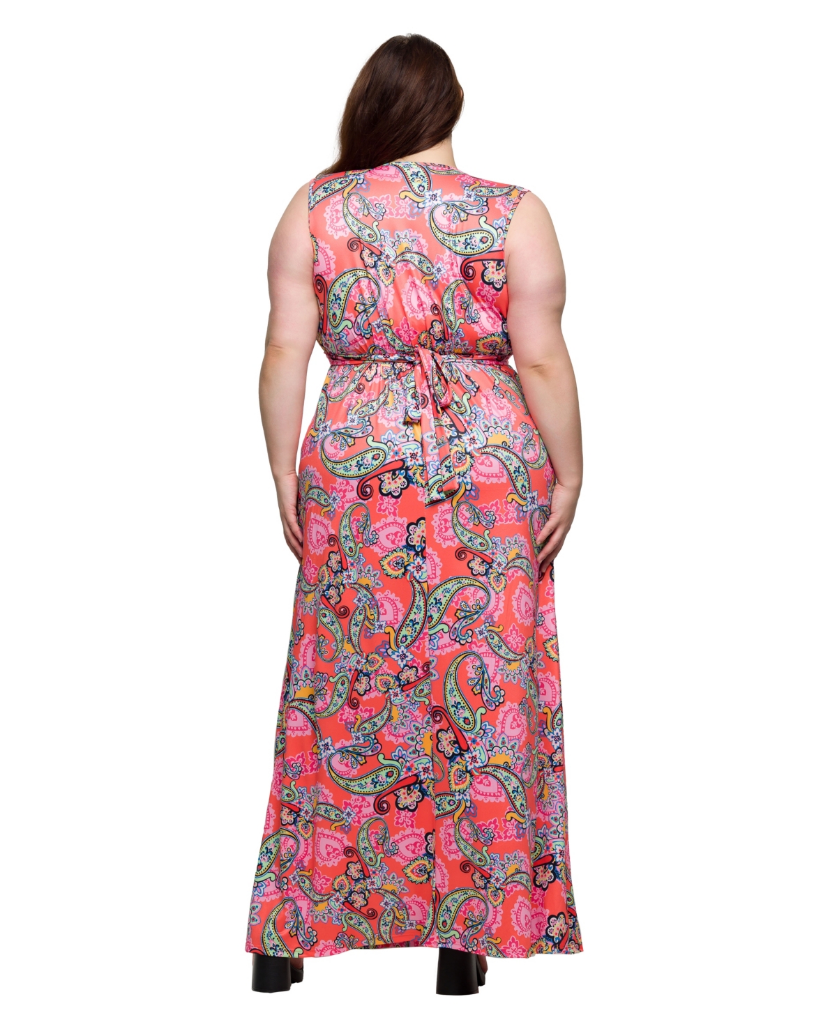 24seven Comfort Apparel Plus Size Print V-neck Empire Waist Sleeveless Maxi Dress In Coral Multi