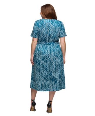 Plus Size Print Short Sleeve Tie Waist Midi Dress