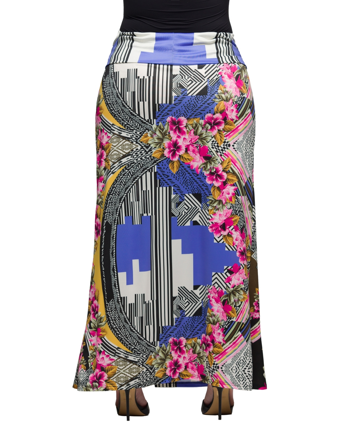 24SEVEN COMFORT APPAREL PLUS SIZE PRINT FOLD OVER WAIST MAXI SKIRT 
