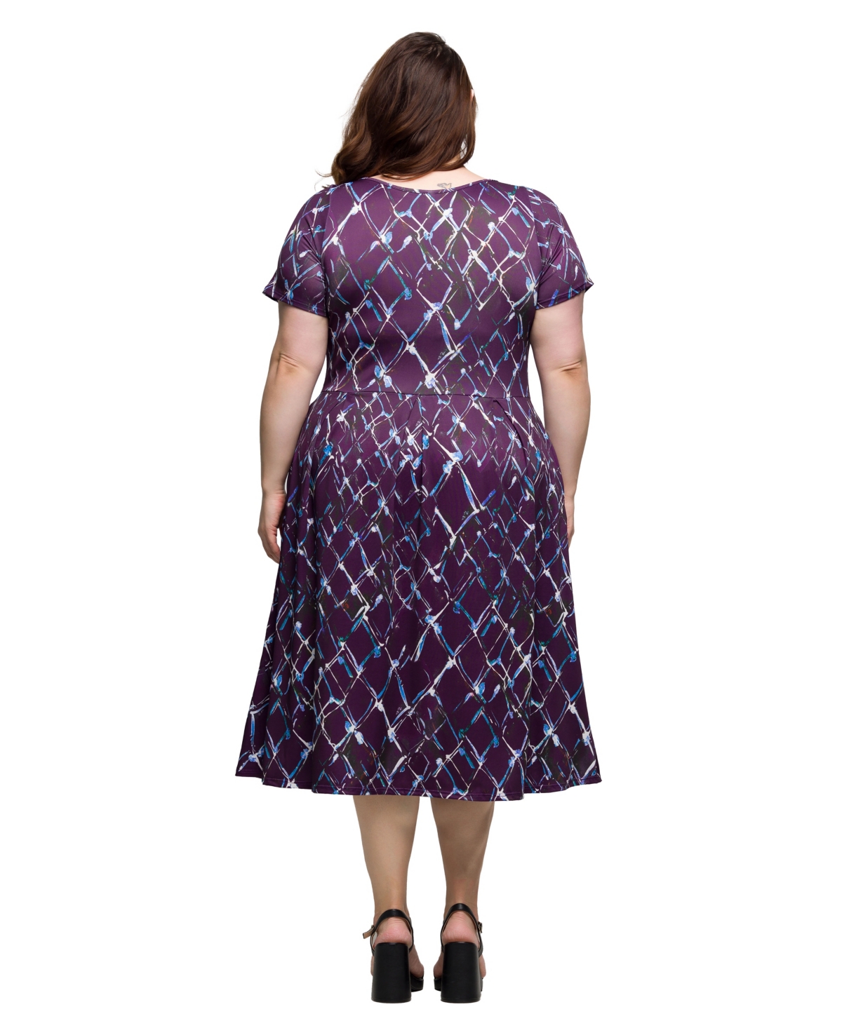 24seven Comfort Apparel Plus Size Print Short Sleeve Pleated Flare Midi Pocket Dress In Purple