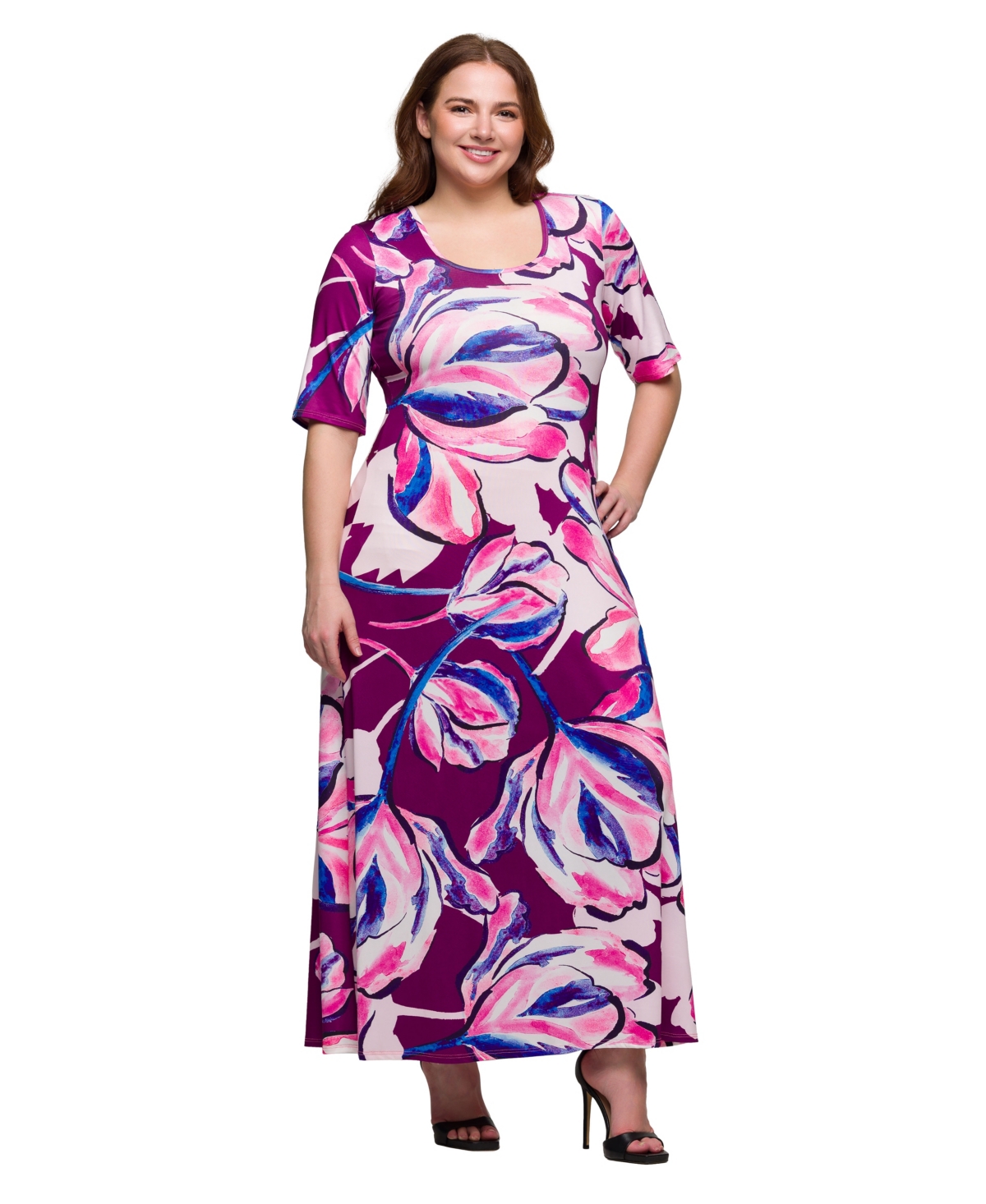 24SEVEN COMFORT APPAREL PLUS SIZE PRINT ELBOW SLEEVE CASUAL A-LINE MAXI DRESS 