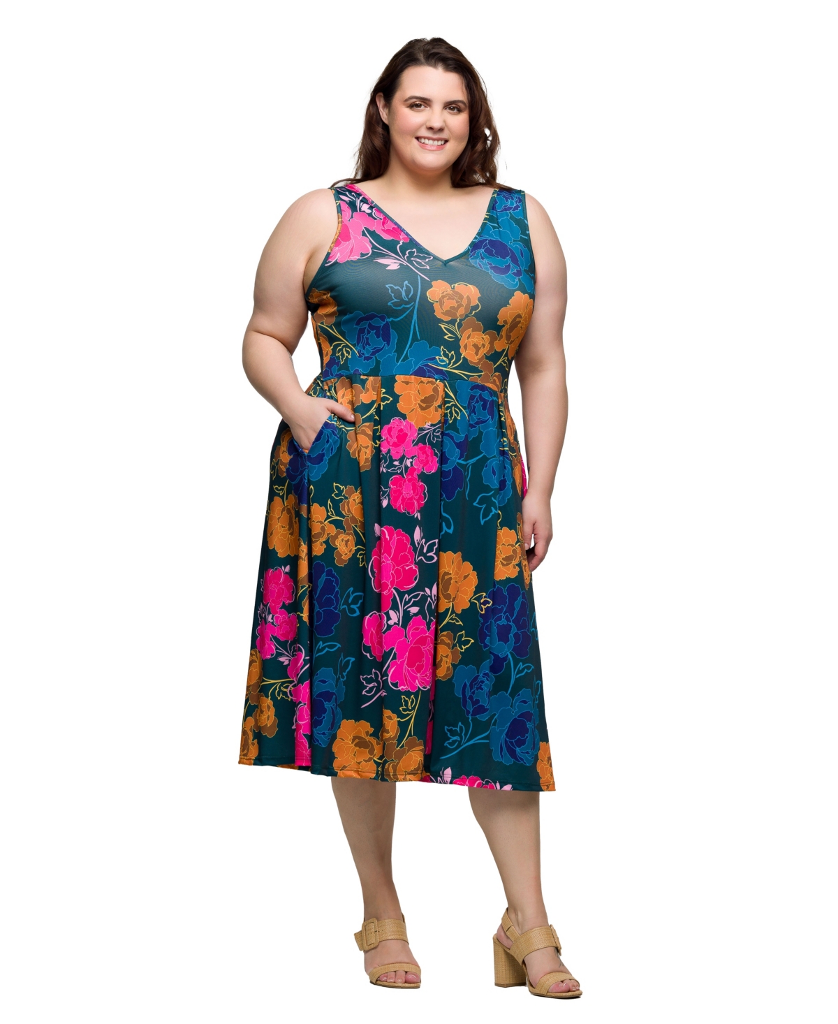 24seven Comfort Apparel Plus Size Midi Length Print Sleeveless Pleated Pocket Dress In Green Multi