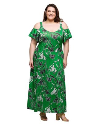 Plus Size Cold Shoulder Ruffle Sleeve A-Line Maxi Dress