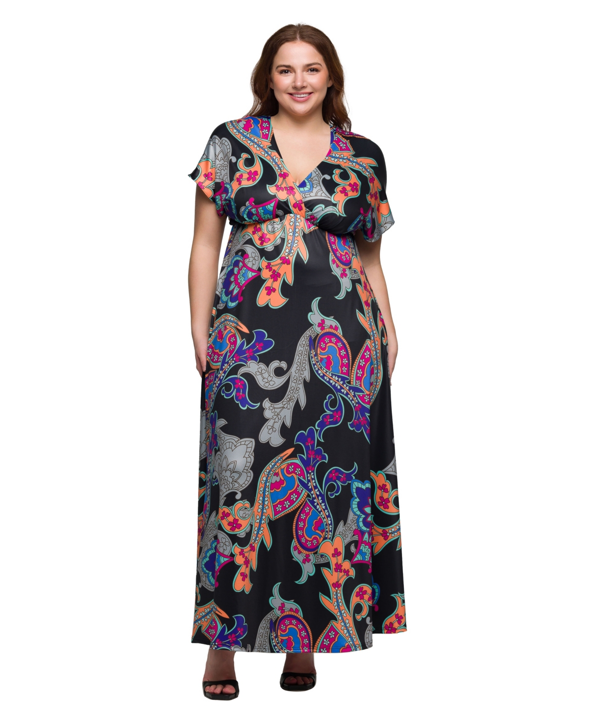 Plus Size V-Neck Empire Waist Cap Sleeve Maxi Dress - Black Multi