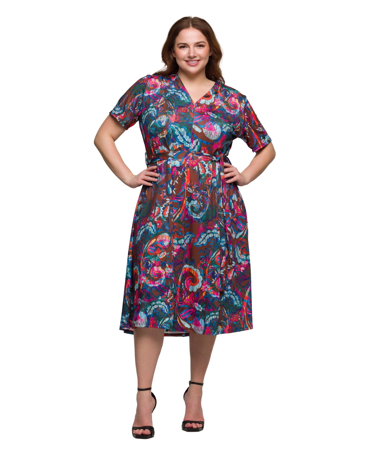 Plus Size Print Short Sleeve Tie Waist Midi Dress - Pink Multi
