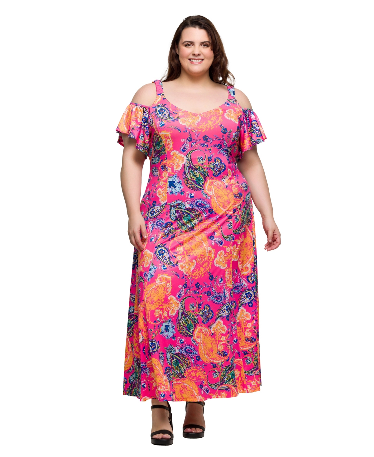 Plus Size Cold Shoulder Ruffle Sleeve A-Line Maxi Dress - Pink Multi